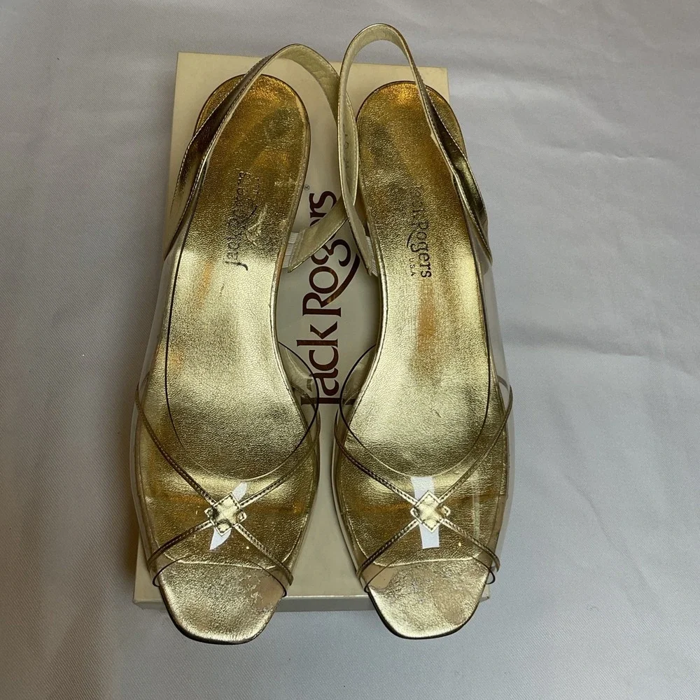 Jack Rogers Gold & Clear Vinyl Slingback Heels Style Dia-X-Lo Size 10 Vintage